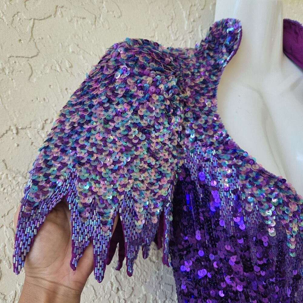 RARE CACHE Vtg 80s Purple Silk Sequin Gown Dress 10 Pageant Dynasty Angel Winged - Picture 11 of 16